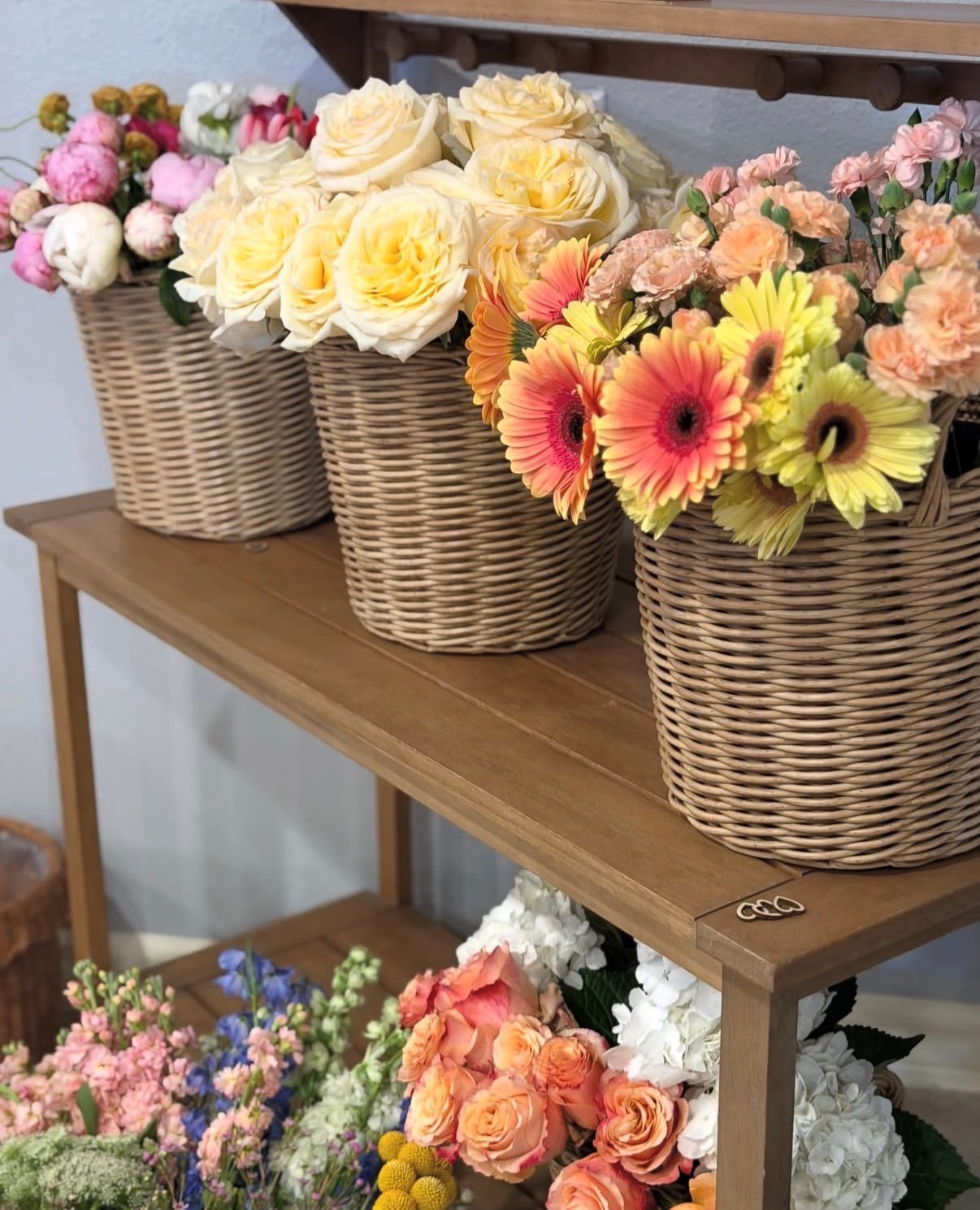 Baskets of market flowers